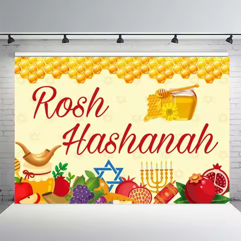 Rosh Hashanah Photography Backdrop Shofar Apple Honey Pomegranate Background Jewish New Year Festiva