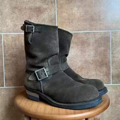 Fashion Men's Genuine Leather Motorcycle Boots Handmade Mid-Calf Metal Buckle Strap Work Shoes Engin
