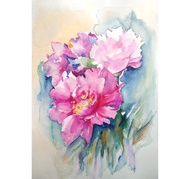 牡丹水彩花原創藝術品花束牆壁藝術。手工水彩 水彩原創