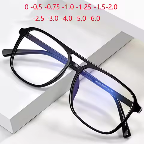 Square Finished Myopia Glasses Anti-blue light Big Frame Double Beam Myopes Lunettes Diopter 0 -0.5 