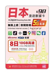 Hello SIM 【日本】5G 8日 192小時整 10GB 高速數據 無限數據電話卡上網咭Sim卡