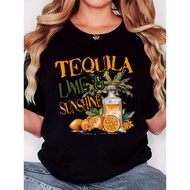 Women's Retro Tequila&Lime Graphic Tee-Casual Round Neck Short Sleeve Shirt,Black with Colorful Prin