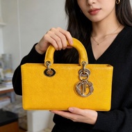 Dior D-joy中號橫版黛妃 黃色金扣蜥蜴皮26*14*6  99新配件塵袋購證