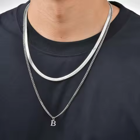 Vnox 2pcs/Set Initials Miami Cuban Link Chain Necklace Set Stainless Steel Blade Chain Hip Hop Jewel