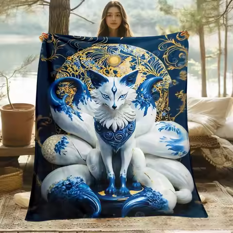 Korean Nine-Tailed Fox Blanket, Mythical Gumiho Flannel Throw, Blue Tail Design Anime Style, All Sea