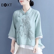 EXXT เสื้อผู้หญิงจีนแขน3/4คอภาษาจีนดั้งเดิมชนเผ่าเสื้อซีเปาฝ้ายลินินฤดูร้อน