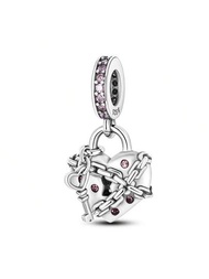 鍍白銀迷人的粉色鎖定愛之心系列魅力珠子,適用於diy女手鍊吊墜