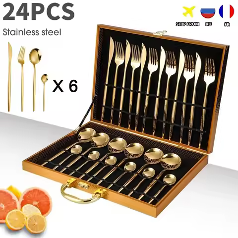 24PCS Cutlery Set Stainless Knife Fork Spoon Flatware Tableware Set Gold Gift Box Portable Dinnerwar