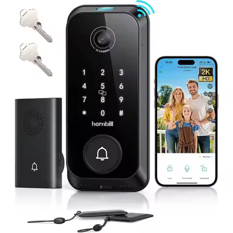Video Smart Lock with Camera: 4-in-1 Ring+2K Camera+Doorbell+Fingerprint Hornbill Keyless Entry Door