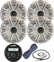 Kicker All-Weather Marine Gauge Style Bluetooth USB Stereo Receiver Bundle Combo with 2 Pair (Qty 4) 6.5" 2-Way 195W Max Coaxial Marine Speakers w/White Salt Water Grilles, 16-Gauge Wire, Antenna