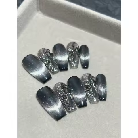 10pcs/Set Extra-Long Coffin Nails Gradient Black Cat Eye Rhinestone Detachable Press-On Manicure Wit