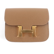 全新★愛馬仕 Constance 超薄ブラウンEpsom 小牛皮錢包，配金色五金配件和零錢包，ブラウン帶 W 印記，附原廠盒和防塵袋，法國製造，女士款