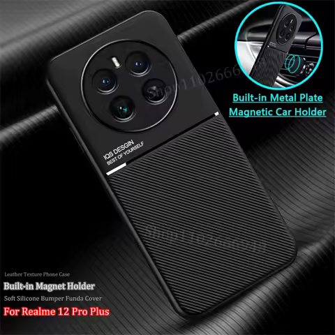 Magnetic Phone Case For Realme 12 11 10 Pro Plus Built-in Magnet Leather Texture Car Holder Cover Fo