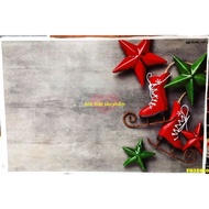 Christmas Background Fabric with Gray Stone Pattern, Red Stars, Blue Stars, Vintage Ski Shoes Fo3865