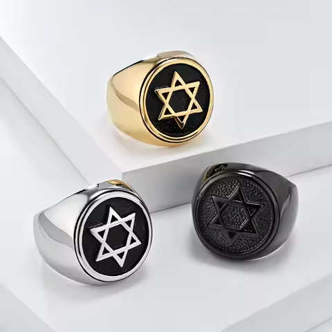 Six Point Hexagram Star Ring for Men David Star Ring Stainless Steel Solomon Religious Symbol Signet