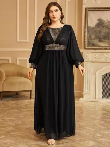Plus Size Long Sleeve Mesh Floor-Length Evening Dress 4xl 5xl Big Size Black Long Sleeve Chiffon Seq