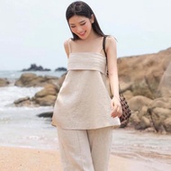 Áo 2 dây nữ Linen bột Hàn Premium dáng xòe dây tết màu muôi tiêu SLINEN