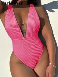 【Limited Quantity】 Deep V Neck Ribbed Monokini One Piece Swimsuit Women Swimwear Female Backless Hig