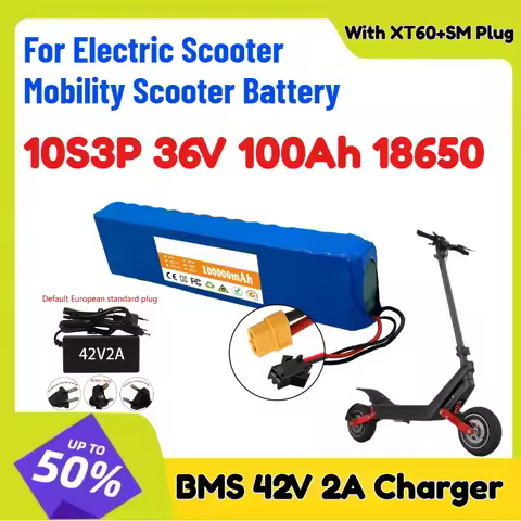With XT60+SM 10S3P 36V 100Ah 18650 Lithium Battery BMS 42V 2A Charger for Electric Scooter Mobility 
