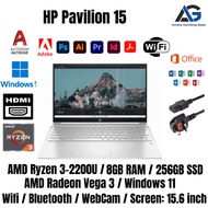 Laptop Gaming HP Pavilion 15 AMD Ryzen 3-2200U Radeon Vega 3 Graphics, Windows 11, 8GB RAM, 256GB SS