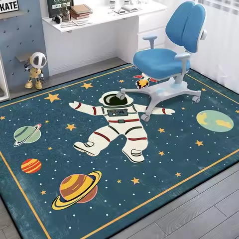 Cartoon Space Astronaut Floor Mat Non slip Soft Rug with Planet Rocket for Kids Bedroom Study Area P