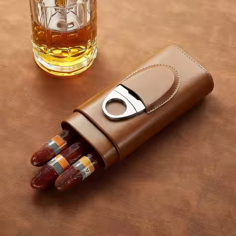 Leather Cigar Case 3 Finger Cigar Pouch with Cedar Wood Lining Cigar Accessories