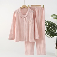 2025 New Pajamas Japanese Style Pajamas 2 Piece Set 100% Cotton Long Sleeve Pants Simple Plaid Print