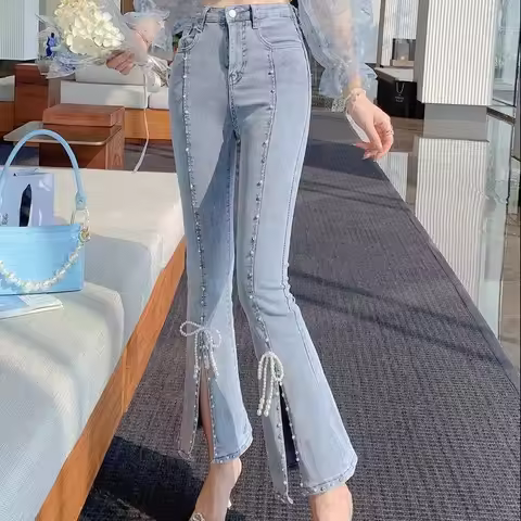 Chic and Elegant Stretch With Slits Trousers Y2k Luxury Designer Women's Cropped Flare Jeans High Wa