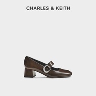 CHARLES&KEITH ใหม่ SL1-61900042 Gabine หัวเข็มขัดสี่เหลี่ยมส้นหนารองเท้า Mary Jane Shoes Brown 40