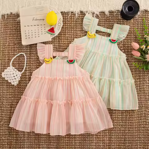 0-4 Years Girl Kids Dress Colorful Striped Fly Sleeve Yarn Dress for Kids Girl Summer Girl Beach Par