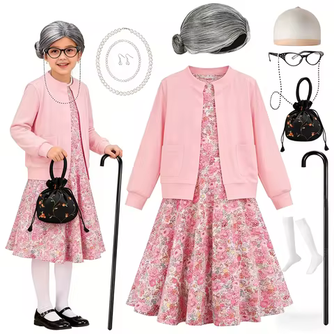 Girl 100Days of School Grandma Costume Set For 3-12yr Girls Old women Costume and Accessories Carniv
