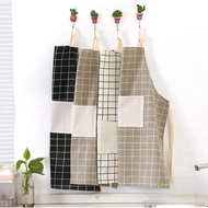 Kitchen Household Anti Oil Cotton Apron 厨房棉麻围裙 防油加厚围腰 做饭护衣 韩版时尚简约成人格子罩衣