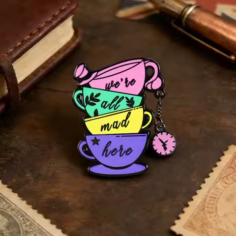 We'Re All Mad Here Enamel Pin Stacked Cups Pocket Watch Pendant Brooch Tea Party Badge Princess Girl