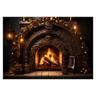 [FAST ERA]-1 Piece Christmas Background Cloth Fireplace Flame Party Decoration Photo Studio Photography Backdrops 210cm X 150cm