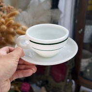 美國中古FIRE KING白色綠間條邊茶杯咖啡杯碟子 古董玻璃餐具套裝