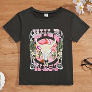 เสื้อยืดพิมพ์ลาย คอกลม แขนสั้น สำหรับเด็กหญิง เด็กวัยหัดเดิน รูปควาย ดอกไม้ ลายป่า สบาย สบายๆ น่ารัก