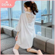 DIDIKAชุดนอนผ้าชีฟองเซ็กซี่สำหรับผู้หญิงชุดนอนลูกไม้เปิดหลังชุดอยู่บ้านเสื้อเชิ้ตสีขาวสไตล์แฟนหนุ่ม