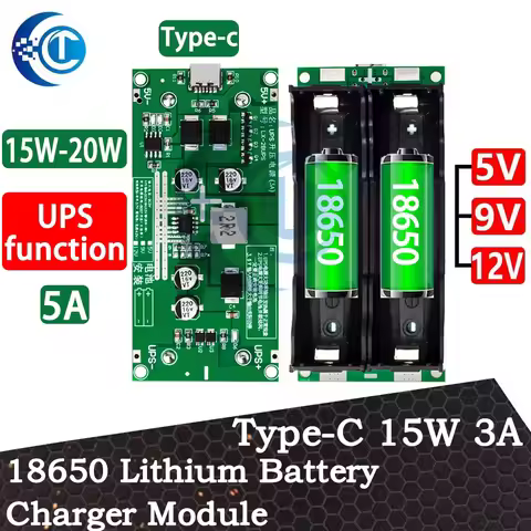 Type-C 15W 3A 18650 Lithium Battery Charger Module DC-DC Step Up Booster Fast Charge UPS Power Suppl