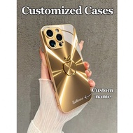 1pc Customizable Text & Golden Apple Line Design Tempered Glass Material Phone Case, Compatible With