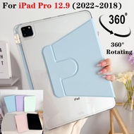 For iPad Pro 12.9 2022 2021 2020 2018 12.9-inch 5th 4th 3rd Gen High End Clear Acrylic Tablet Protective Case Fashion 360° Rotating Stand Casing With Pen Slot Flip PU Leather Cover