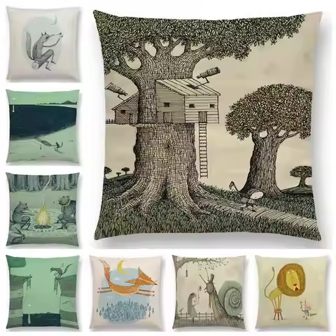 New Design Sketch Fairy Tales Sofa Pillowcase Fantasy Forest Hut Tree House Magical Animals Fable Wo