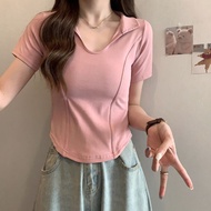 t shirt woman Polo Neck Short Sleeve T-Shirt for Women - Slim Fit with U-Neck Detail