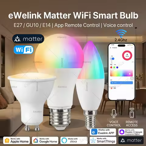 Matter WiFi Smart Bulb E27 GU10 E14 RGBCW Dimmable Led Light Bulb Candle Lamp Spotlight For eWelink