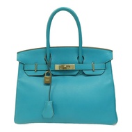 HERMES Chevre皮革Birkin 30銀扣手挽袋Turquoise/藍色