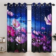 AOFOTO Cartoon Night Sky Flower Window Curtain, Cosmos Nebula Starry Stars Purple Floral Print Therm