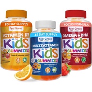 Feel Great Kids Essentail Vitamins Trio - Omega + DHA - Vitamin D - Multivitamin for Wellness & Immu