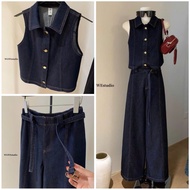 WGWE W5654 jeans Set includes a buttoned tank top and wide-leg pants in a stylish, luxurious style 5