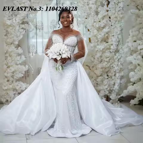 EVLAST Customized African White Mermaid Wedding Dress With Detachable Train Crystal Beaded Bridal Go
