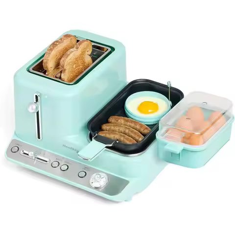 3-in-1 Breakfast Station: Egg & Veggie Steamer, Non-Stick Griddle, Wide 2-Slot Toaster with Toasting