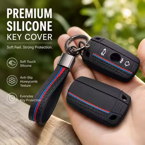 Silicone Car Key Fob Cover with Matching Keychain Designed for BMW 1 3 5, Fits BMW Series X1 X3 X5 E